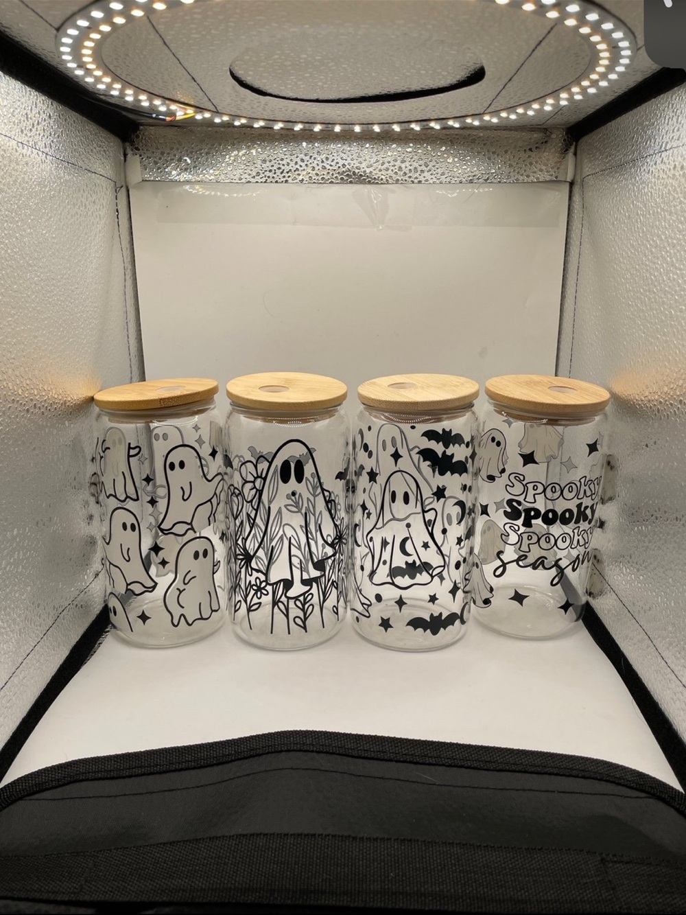 Halloween Ghost Glass Canisters with Bamboo Lids - Set of 4